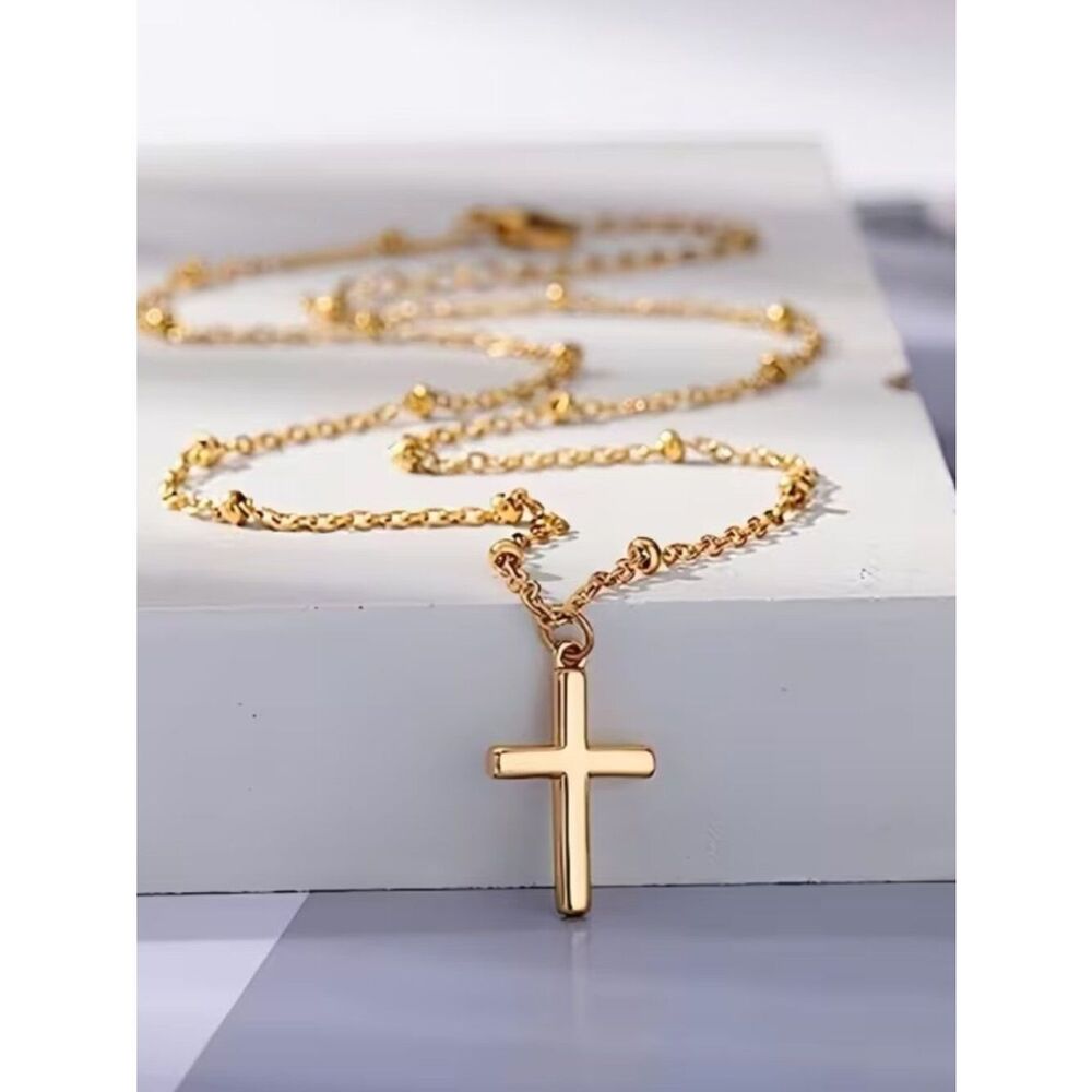 Minimalist Cross Pendant Necklace Gold Plated Stainless Steel Anti-Fade Durable